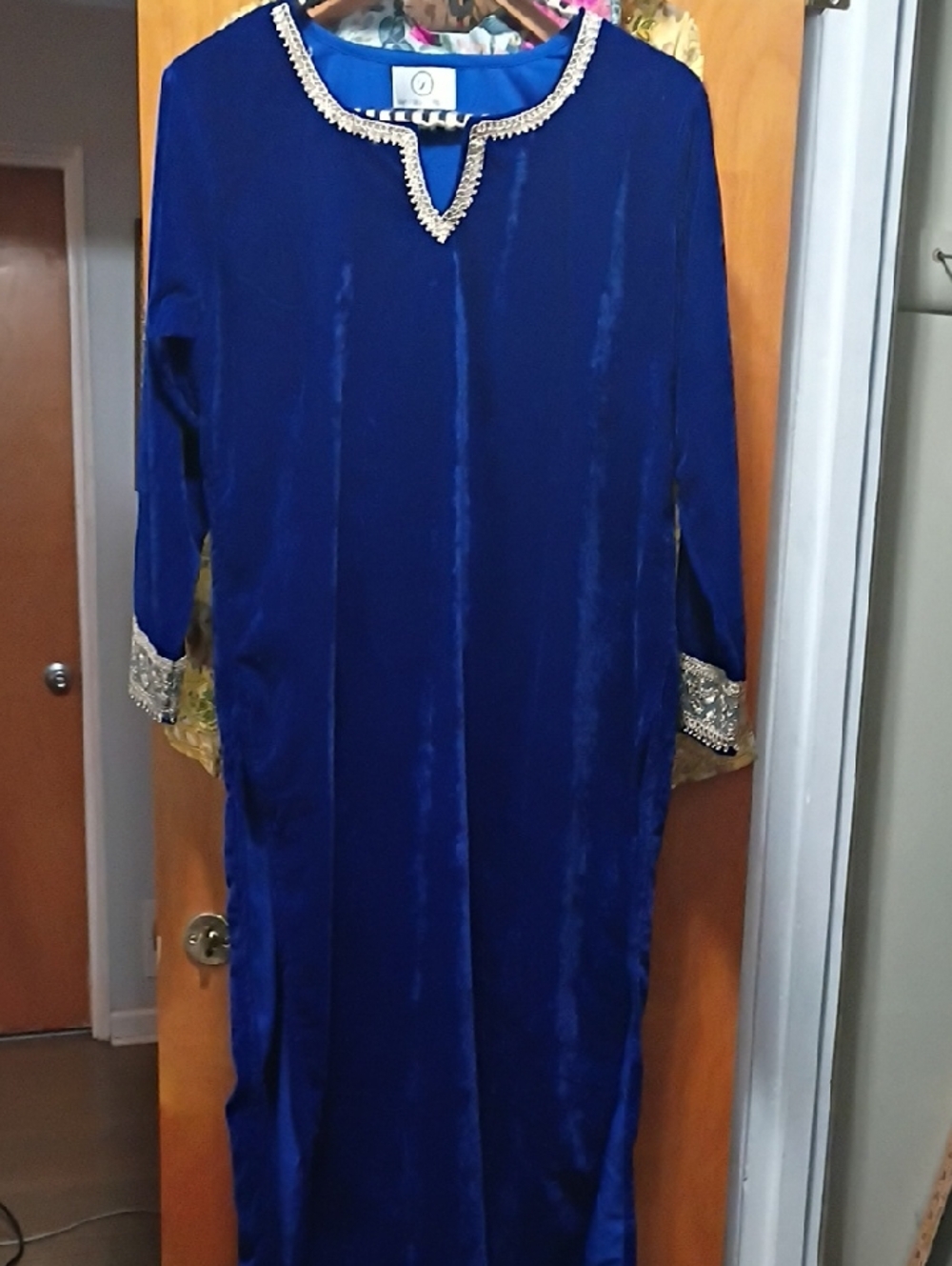 Beaded Trim Royal Blue Velvet Caftan